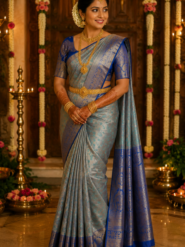 Vivaha Kanchipuram Saree (Silver-Grey w Blue Border)