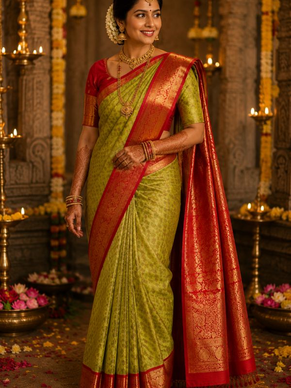 Vivaha Kanchipuram Saree (Olive Green w Red Border)