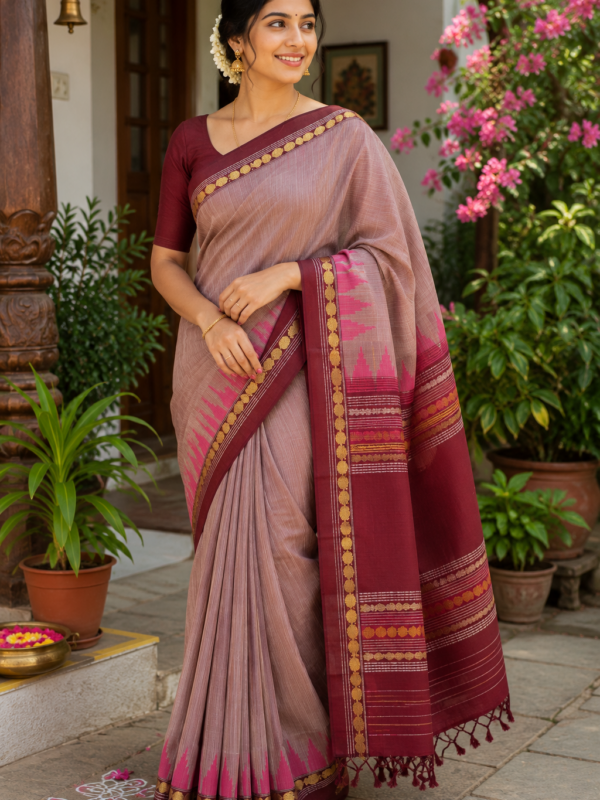 Chettinad Cotton Sarees (Earthy Beige w Maroon Border)
