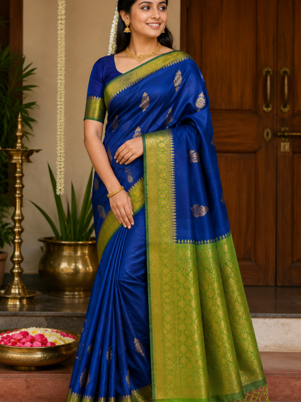 Soft Silk Saree (Royal Blue w Green Border)