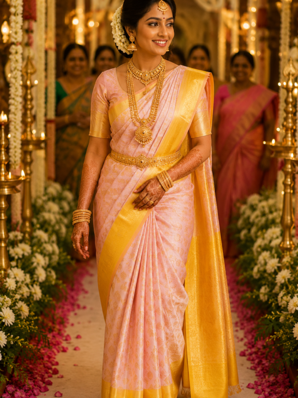 Vivaha Kanchipuram Saree (Blush Pink w Gold Border)
