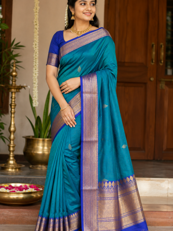 Soft Silk Saree (Peacock Blue w Electric Blue Border)