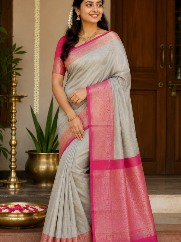Soft Silk Saree (Grey w Pink border)