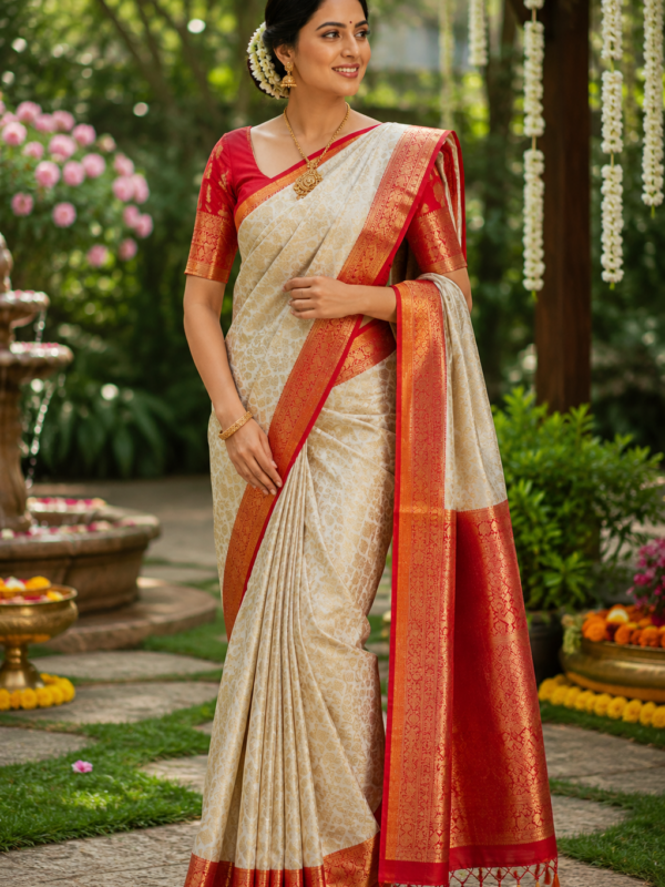 Kanchipuram Saree (Ivory w Coral Red Border)