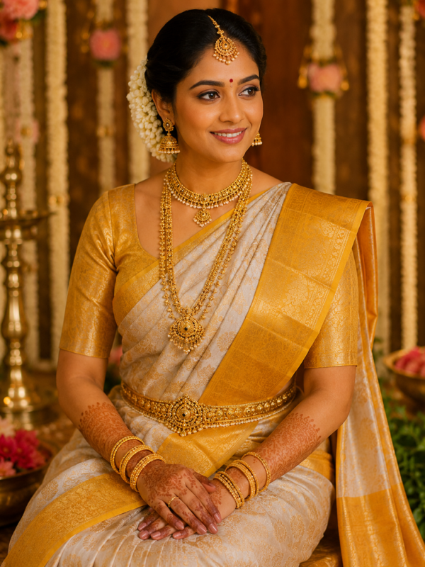 Vivaha Kanchipuram Saree (Ivory white w Gold Border)