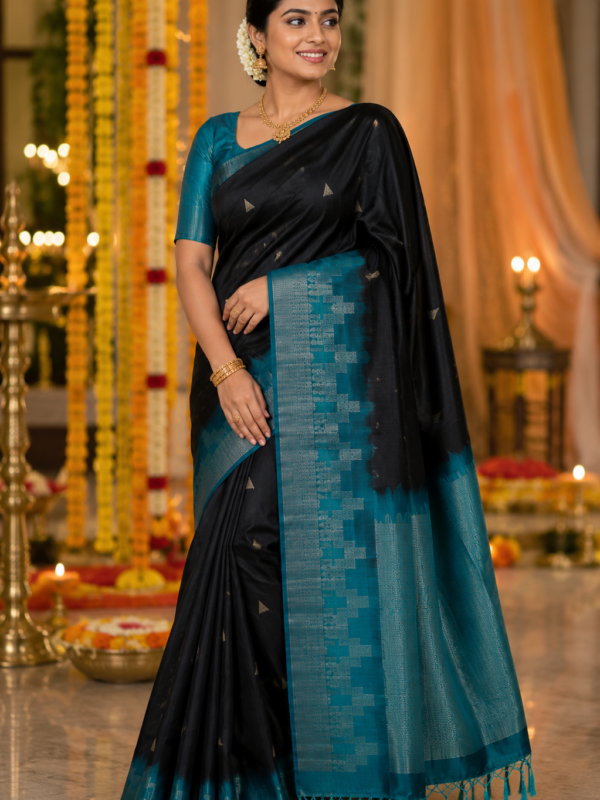 Soft Silk Saree (Black w Teal Border)